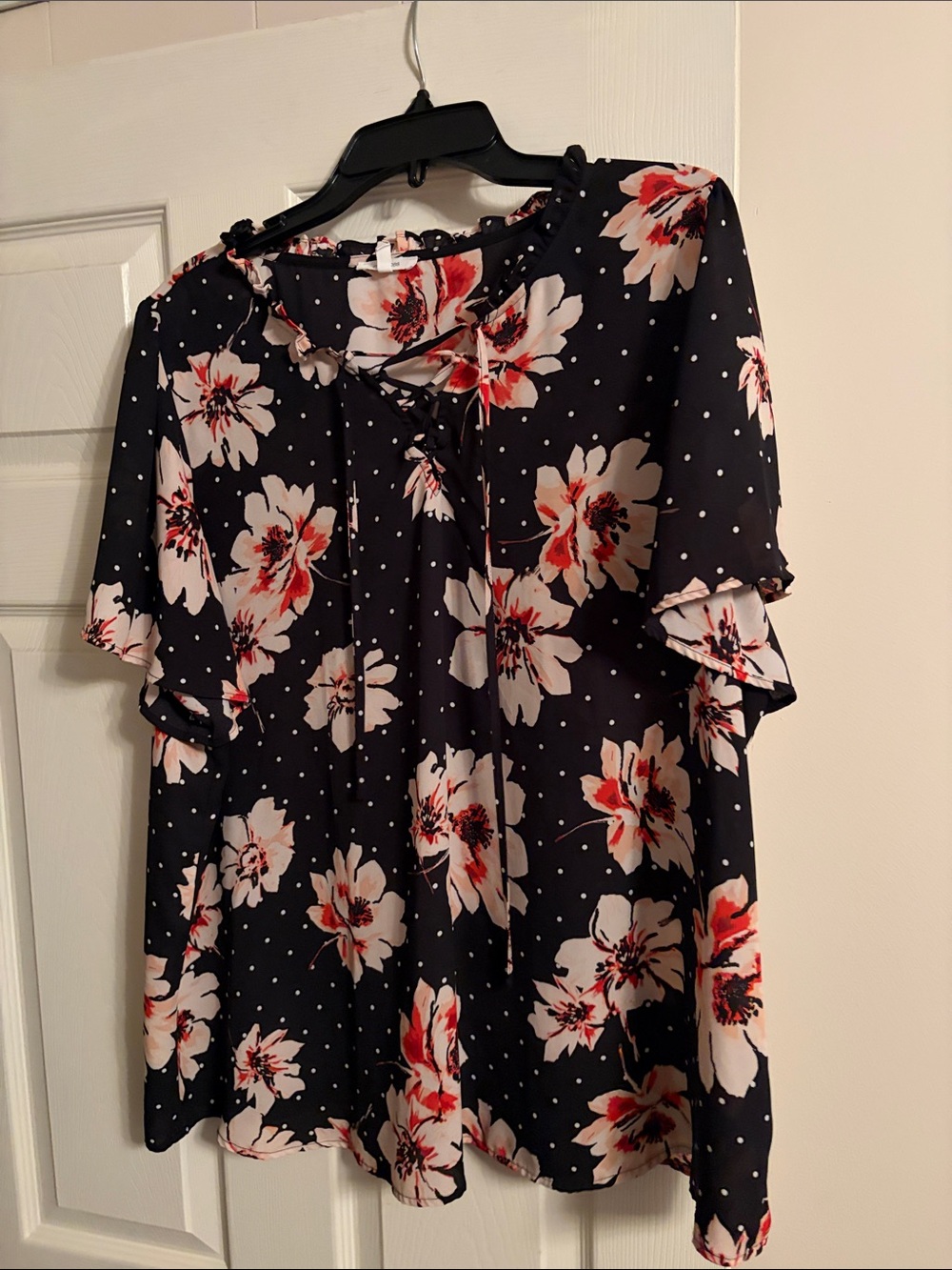 Maurices Black Floral Lace-Up Tunic with Pink & Red Blooms